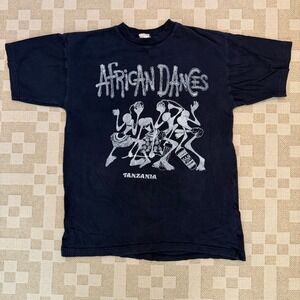 Vintage African Dances Tanzania T-Shirt Navy Graphic Tee Mens Medium 90s
